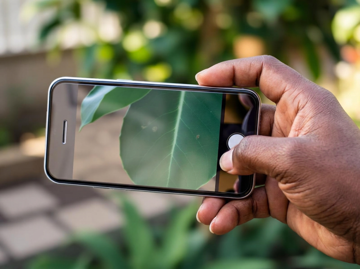 Hand holding a smartphone photographing a leaf with visible disease spots in a garden