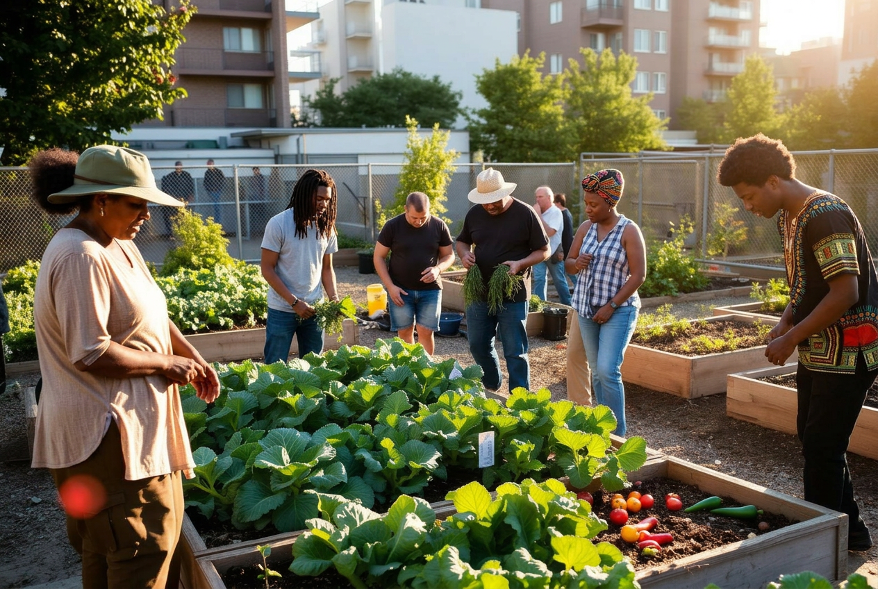 Diverse group of urban farmers tending raised beds in a community garden at golden hour
