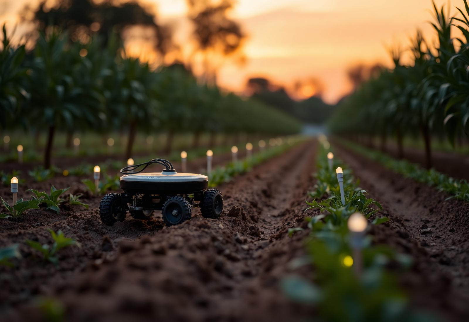 Small autonomous farm robot moving between rows of crops with glowing IoT sensor stakes at dusk